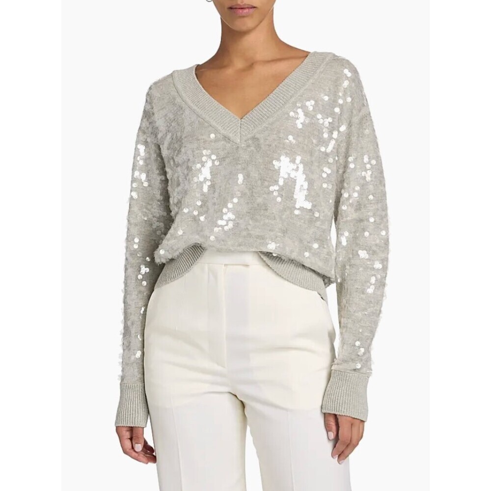 Milly Ilaria Sequined Cotton-Blend Sweater in Gray Heather Size Medium V Neck